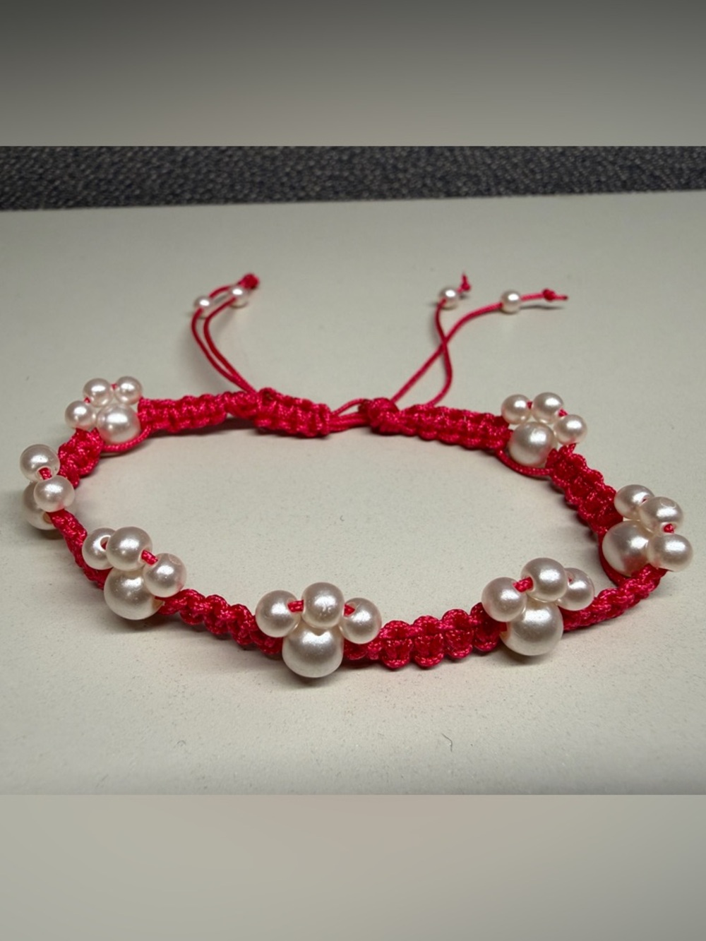 Adjustable Red Macramé Bracelet with White Faux Pearl Clusters
